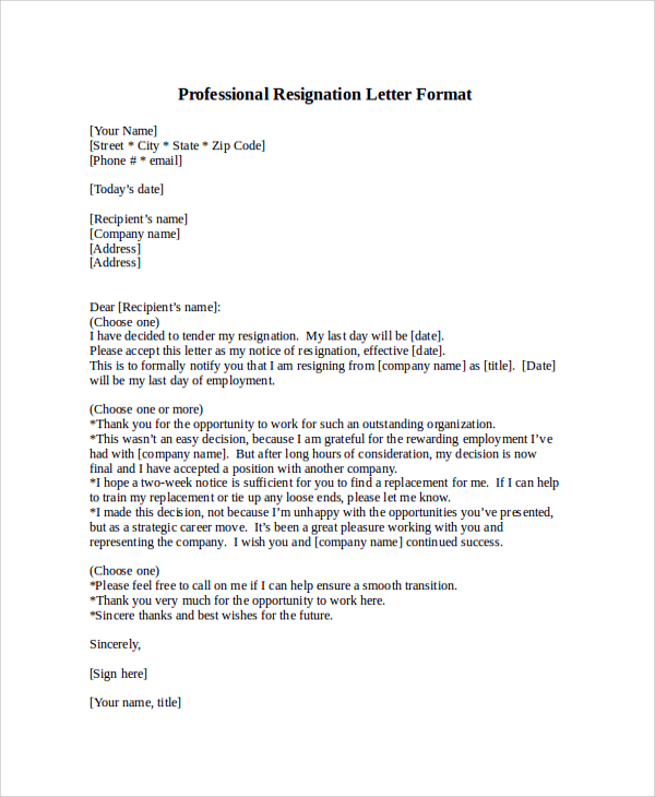 professional resignation letter format