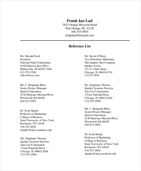 sample reference list