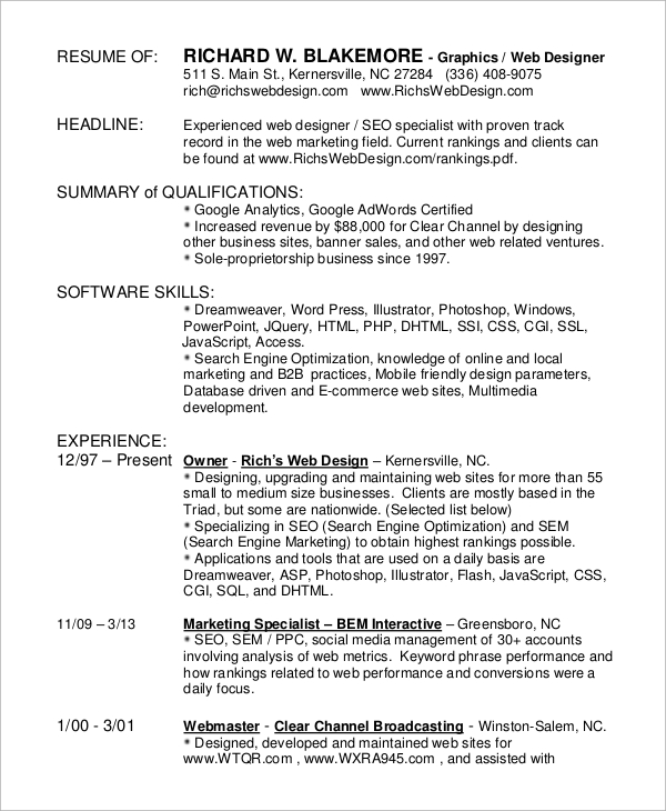 experienced graphic design resume