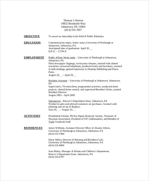 Internship Resume Template Word