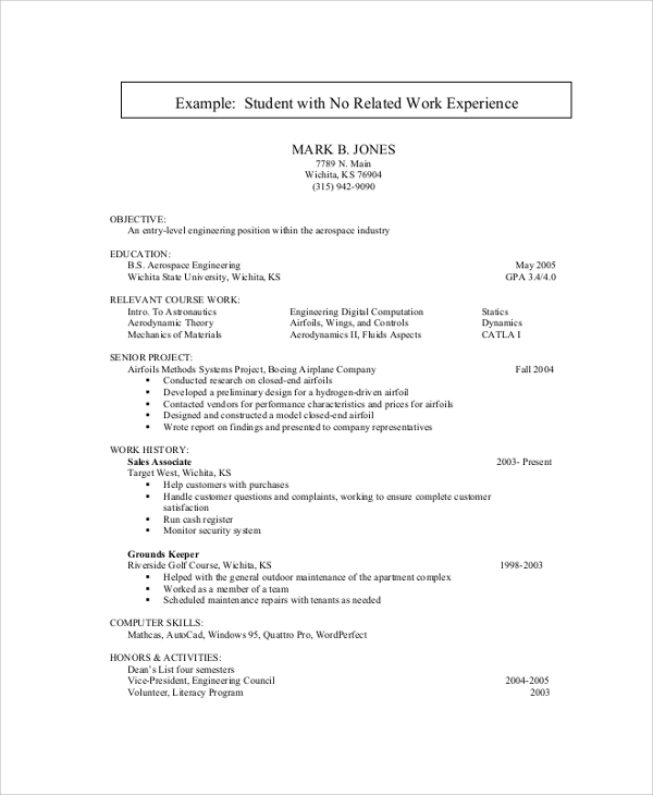 Undergraduate Student Sample Resume With No Work Experience College Student