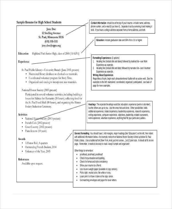 college resume for high school student