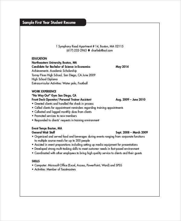 8+ Sample College Student Resumes  Sample Templates