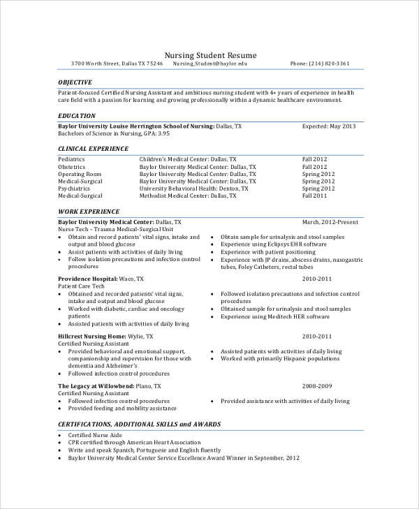 nursing college student resume