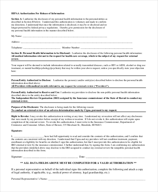 hipaa authorization information form