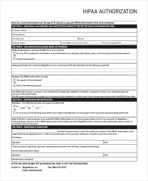 Free Printable Hipaa Authorization Form