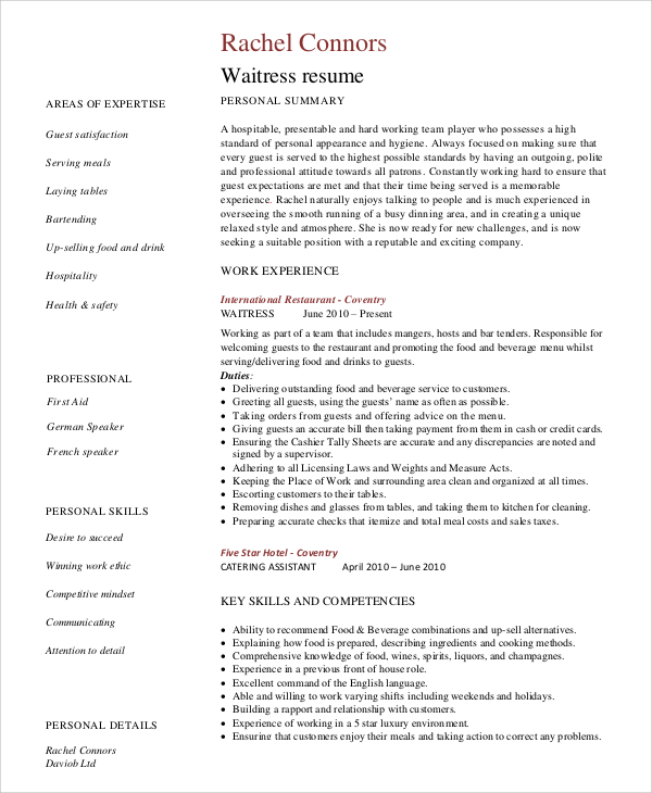 FREE 7+ Sample Server Resume Templates in MS Word PDF