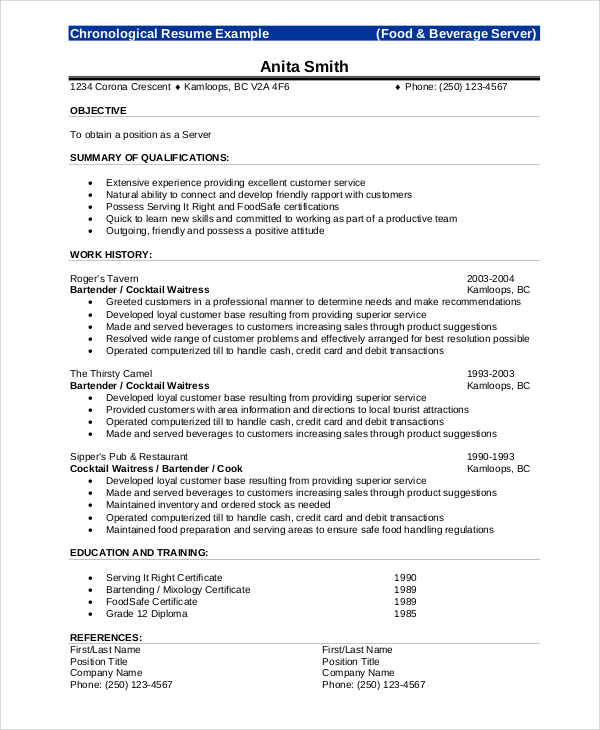 FREE 7 Sample Server Resume Templates In MS Word PDF