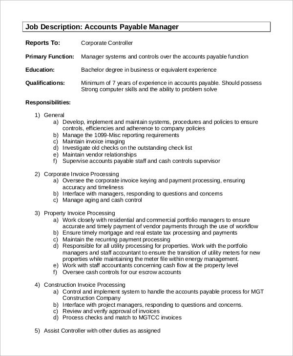 accounts payable manager job description for resume