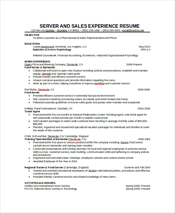 server experience resume