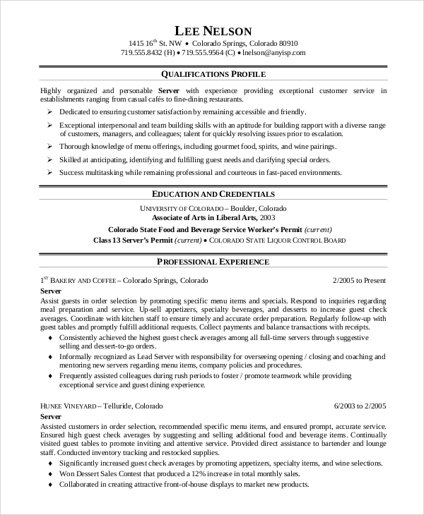 professional server resume