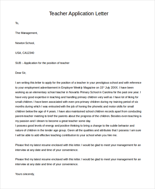 application letter for a job of teacher