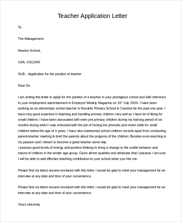 samples of application letter for a teaching position