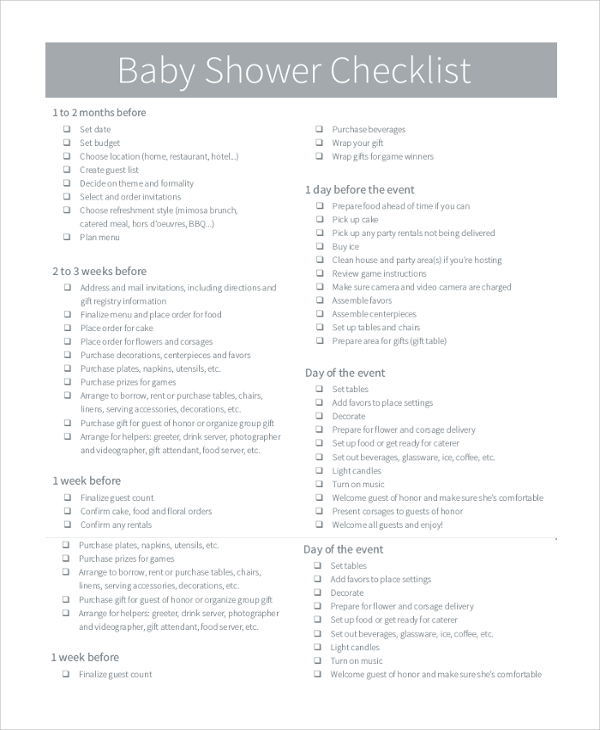 FREE 6+ Sample Baby Shower Checklists in PDF | Excel | MS ...