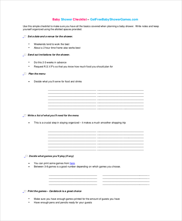 Sample Baby Shower Checklist 6 Examples In Pdf Excel