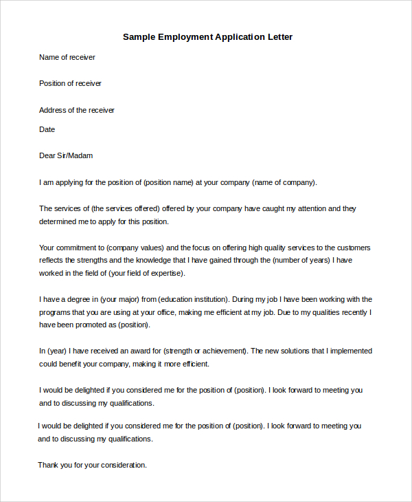 sample employment application letter