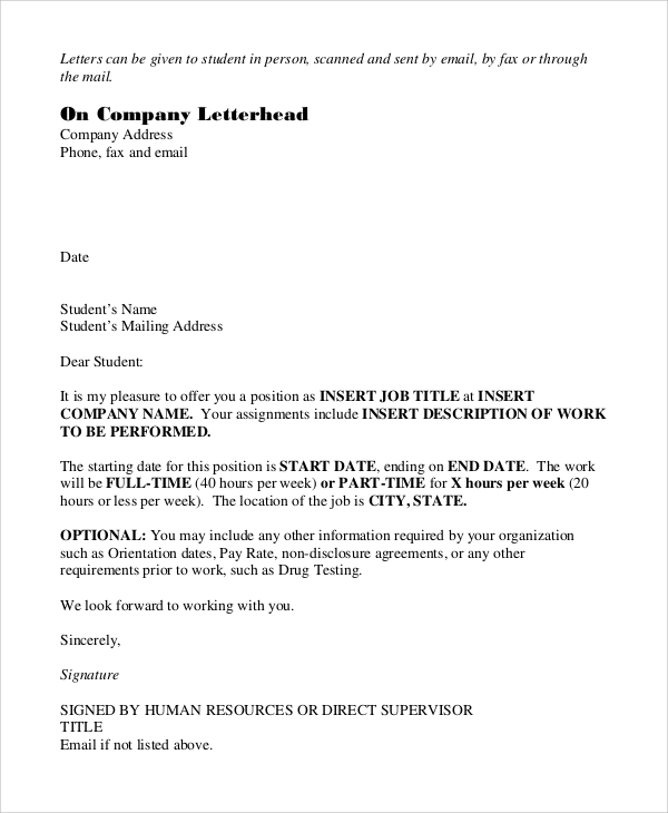 sample job offer letter email