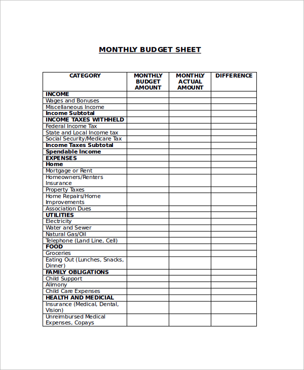 sample of a personal monthly budget