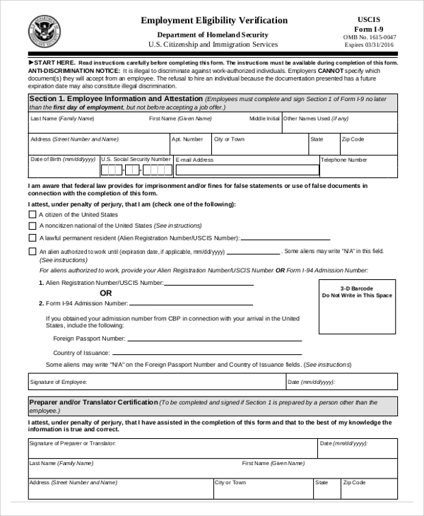 Sample I 9 Employment Eligibility Verification Form Completed Vrogue