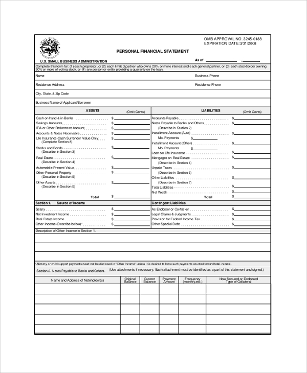 business administration personal financial statement
