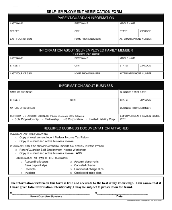 self employment verification form