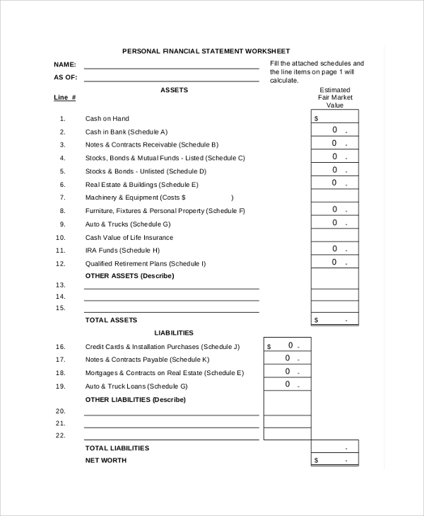 personal financial statement worksheet