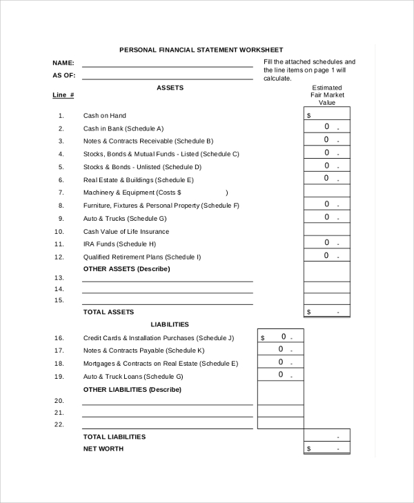 Personal Financial Statement Worksheet - Nidecmege