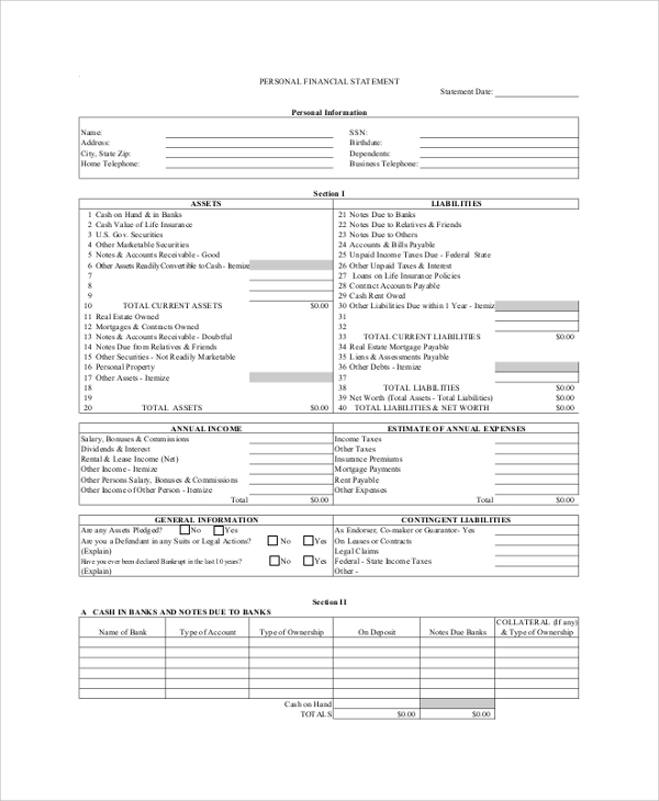 blank personal financial statement