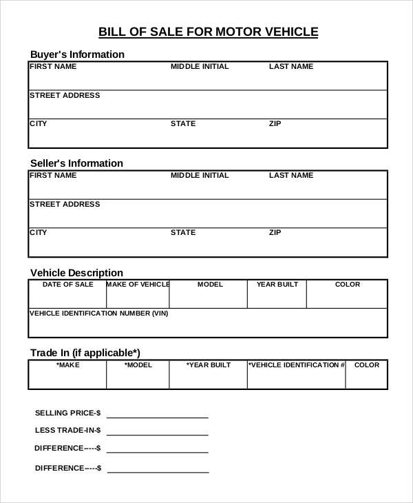 Bill Of Sale Printable Form Free