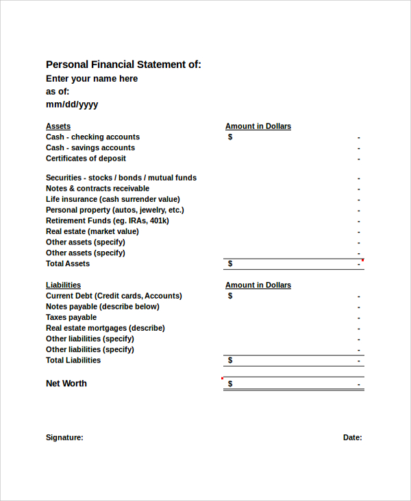FREE 9+ Sample Personal Financial Statement Templates in PDF MS Word