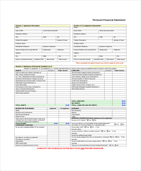 personal financial statement schedule