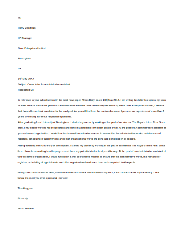 Free 6 Sample Administrative Assistant Cover Letter Templates In Ms