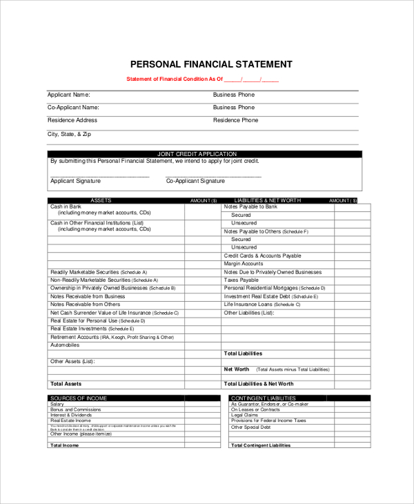 personal financial statement credit application