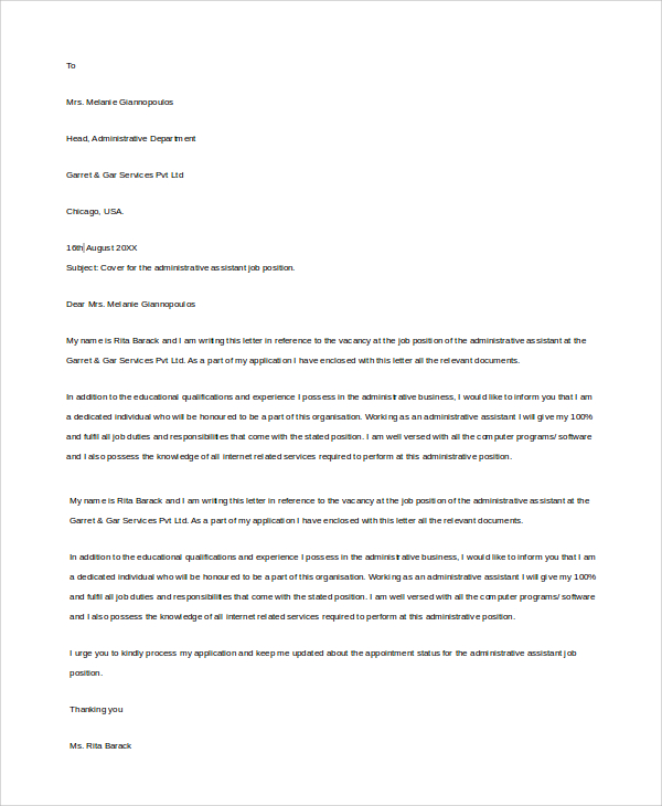 FREE 6+ Sample Administrative Assistant Cover Letter ...