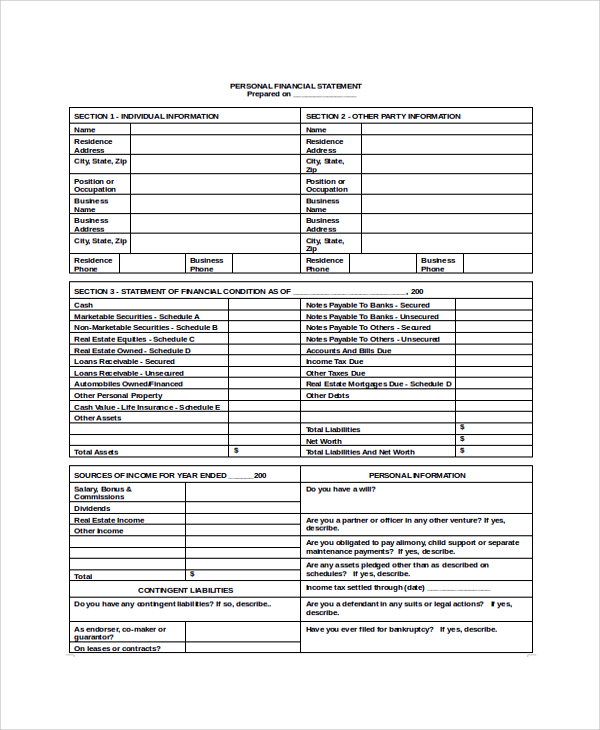 9+ Sample Personal Financial Statements  Sample Templates