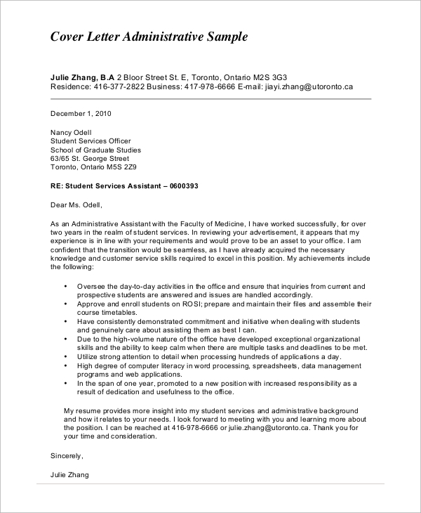 administrative service assistant cover letter