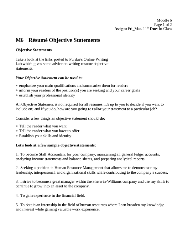 resume objective statement example1