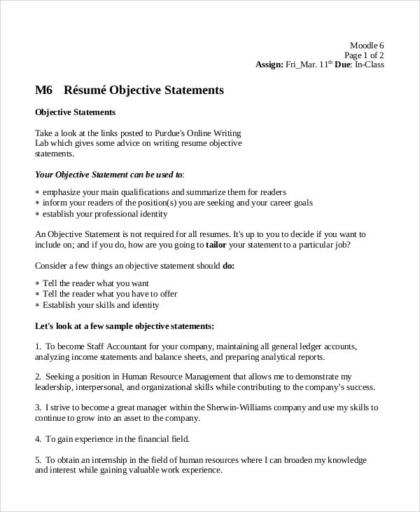 Sample Resume Mission Statement - 20+ Resume Objective ...