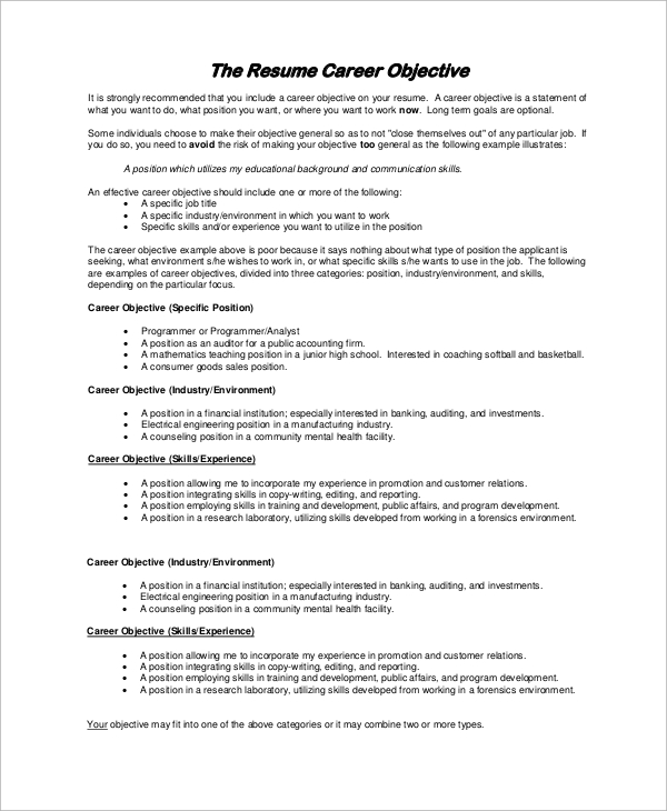 career objective resume example