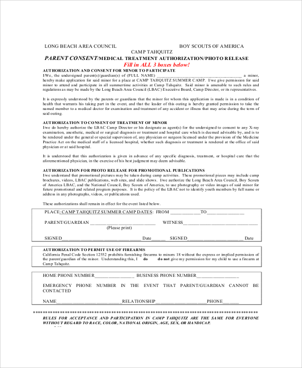 bsa medical treatment authorization form