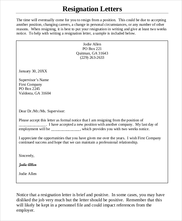 One Week Notice Letter Of Resignation from images.sampletemplates.com