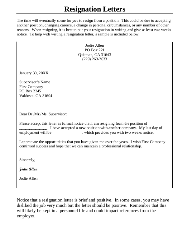 Sample Resignation Letter 2 Weeks Notice Pdf