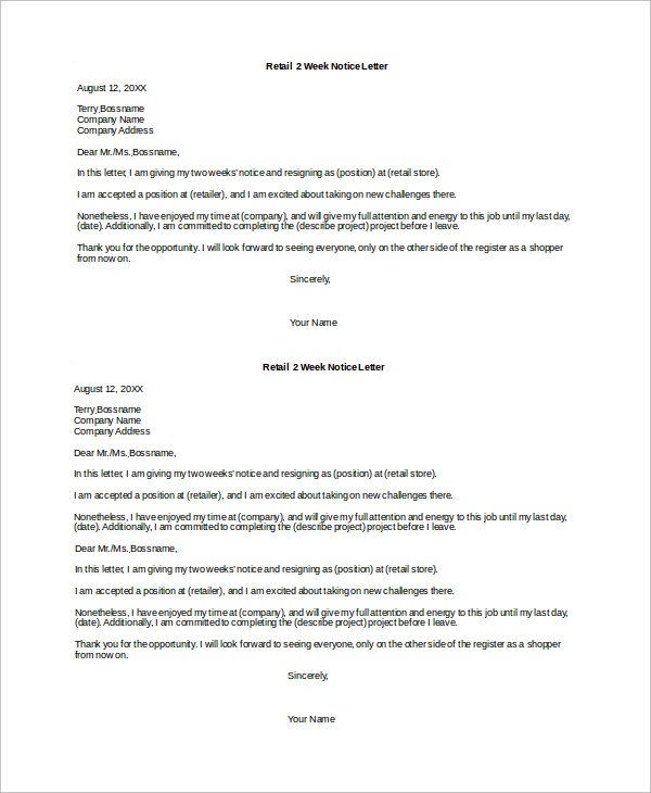 retail 2 week notice letter