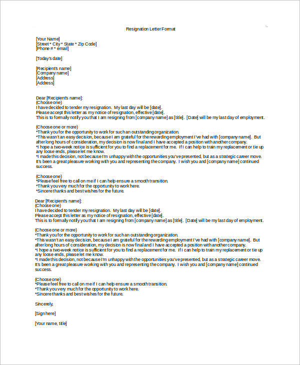 format of resignation letter 2 week notice