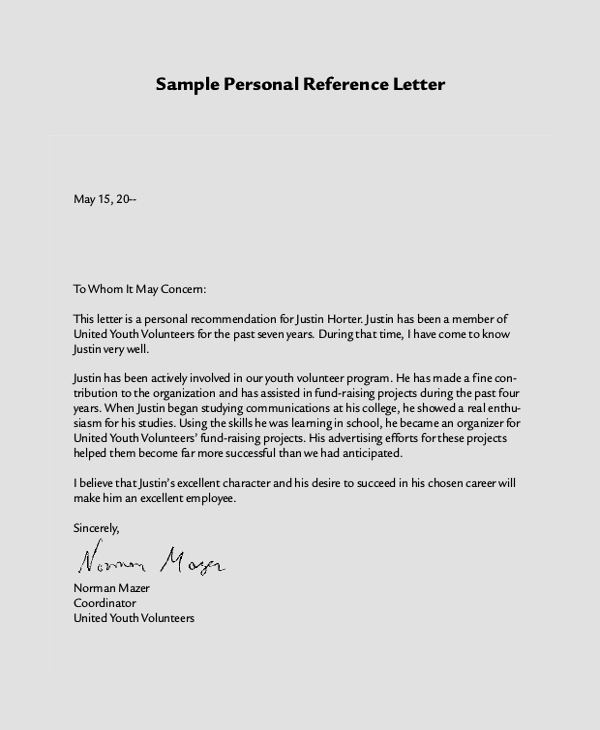 personal letter of reference for employment