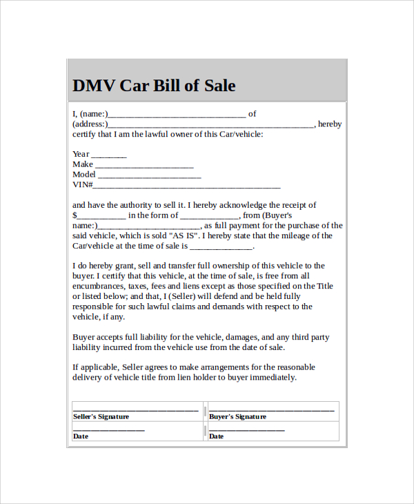 dmv car bill of sale