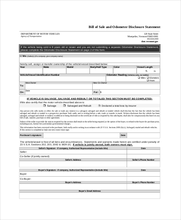 dmv bill of sale and disclosure statement