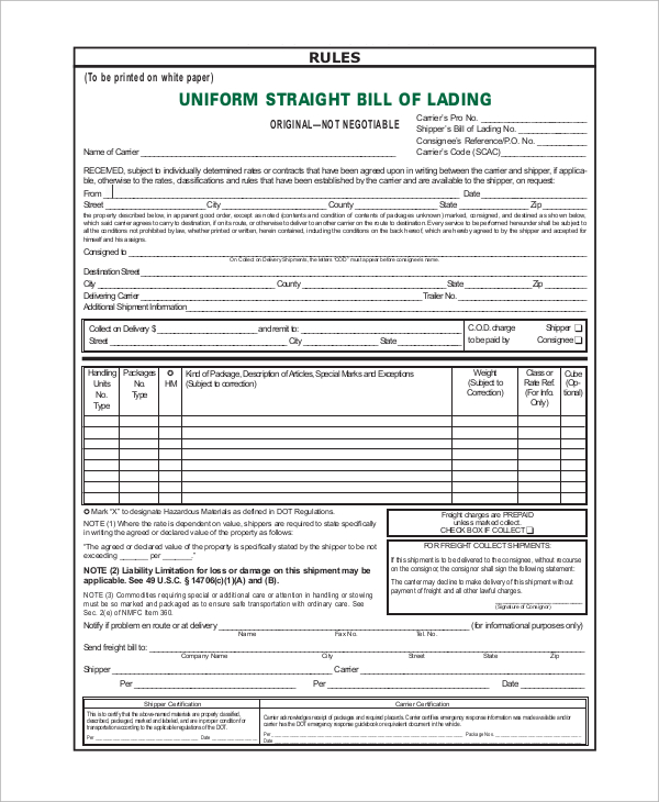 uniform bill of lading form