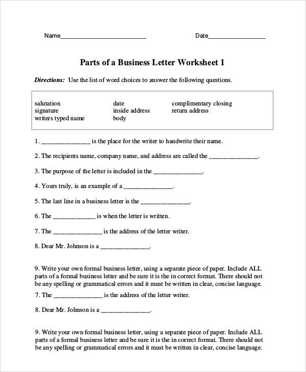 Business Letter Worksheet