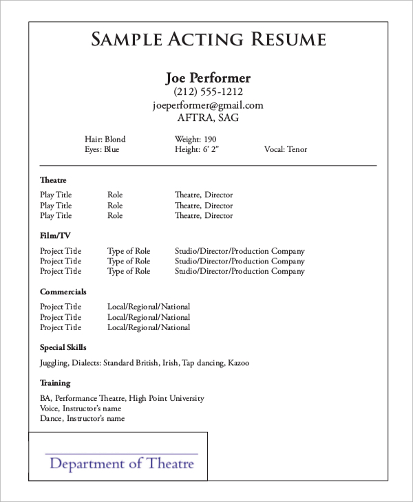 FREE 9+ Sample Acting Resume Templates in PDF MS Word PSD